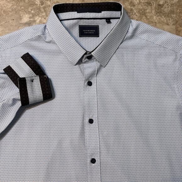 7 Diamonds Shirt Mens Large Blue 4 Way Stretch Short Sleeve Ocean Eyes Woven - Picture 1 of 9